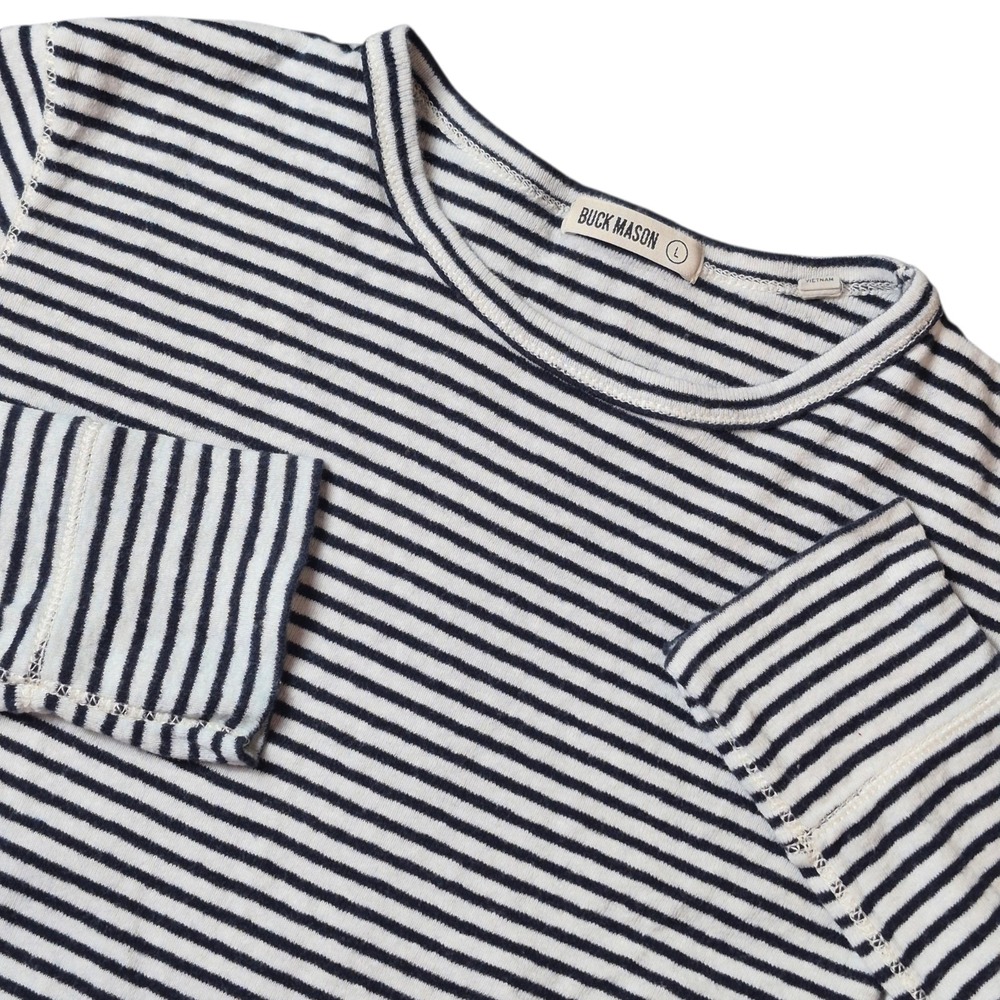 Buck Mason Women's L Breton Stripe Long Sleeve Tee Black White Cotton